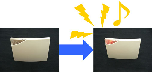 作動していないワイヤレスアラームの受信機の写真と、作動して光と音で警報を発しているワイヤレスアラームの受信機の写真
